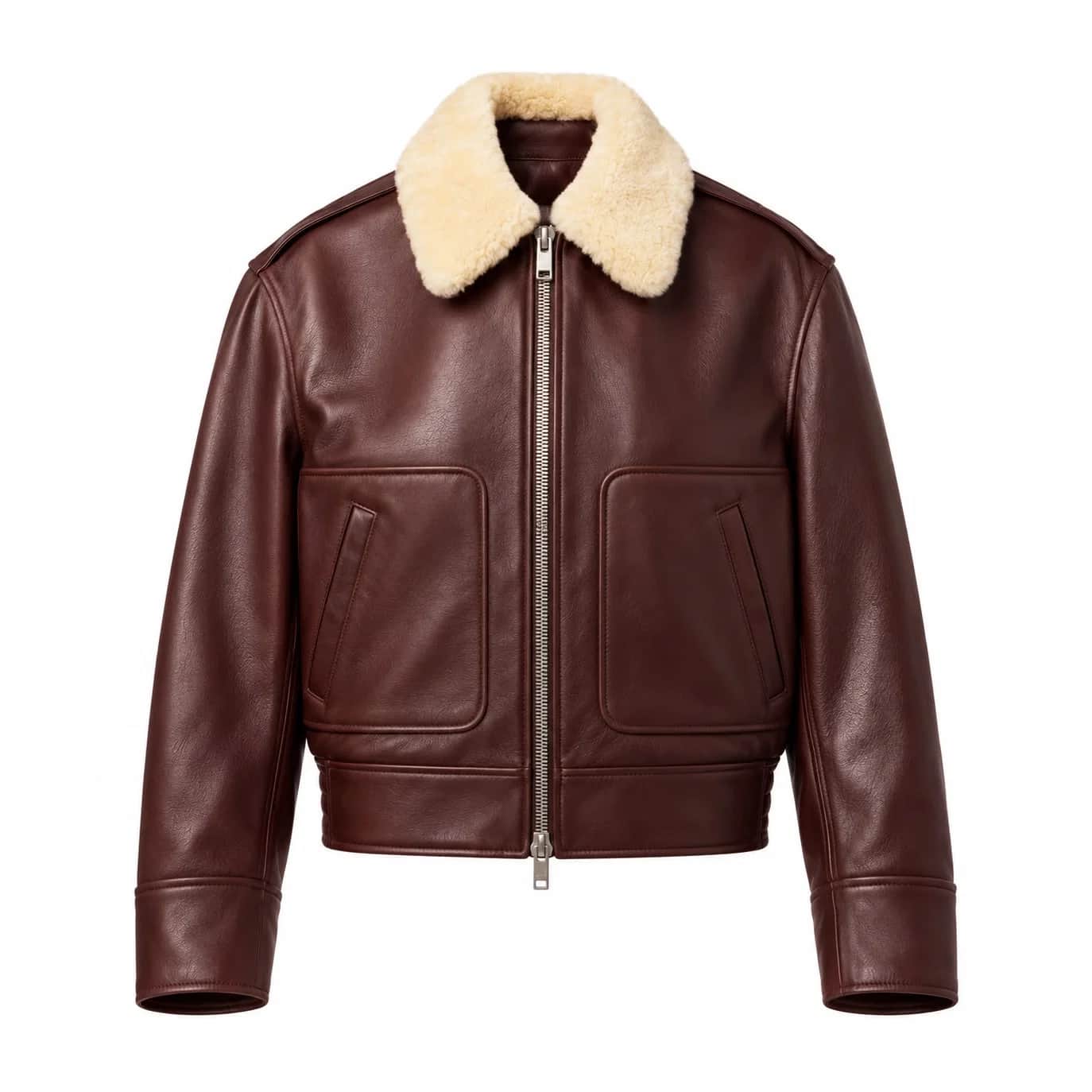 Burgundy Shearling-Collar Bomber