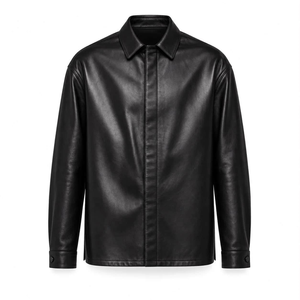 Concealed-Placket Leather Overshirt