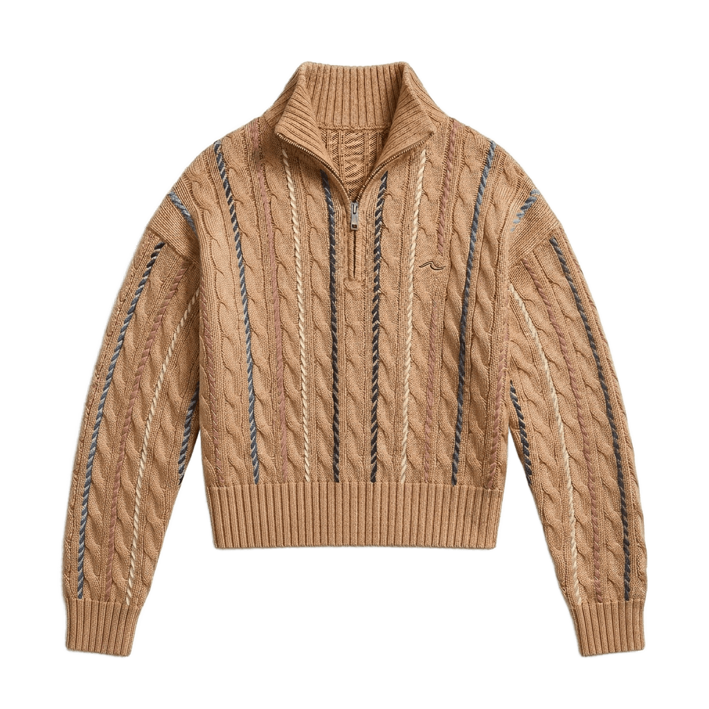 Camel Cable Knit Quarter-Zip Sweater with Contrast Stitching