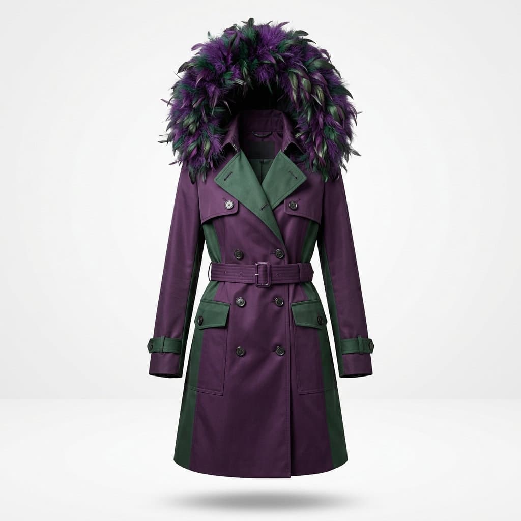 Purple and Green Feather Hooded Trench Coat