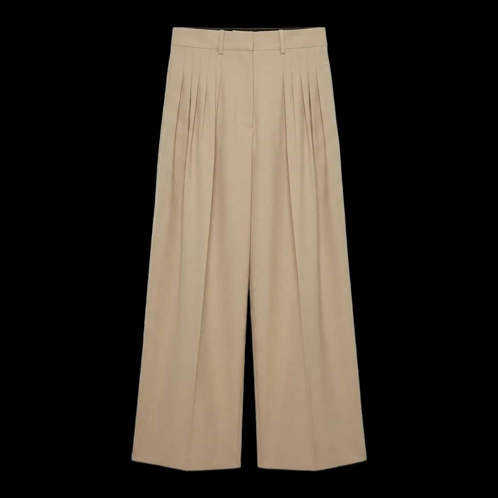 Beige Wide-Leg Pleated Pants