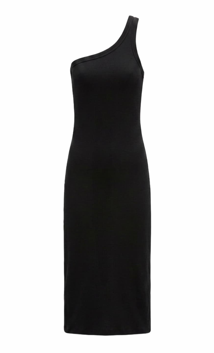 Black One-Shoulder Ribbed Midi Dress